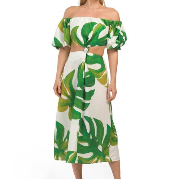 FARM RIO Linen Blend Monstera Midi Knot Dress - Picture 10 of 12